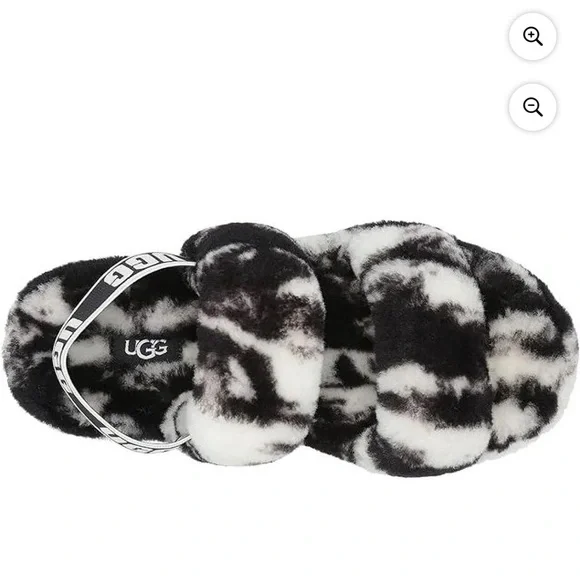 UGG Oh Yeah Women's Sheepskin Furry Slide Sandals Black and White Tie Dye - Picture 3 of 6